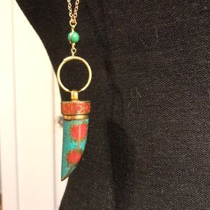 Turquoise and Coral Circle Handwrapped Necklace